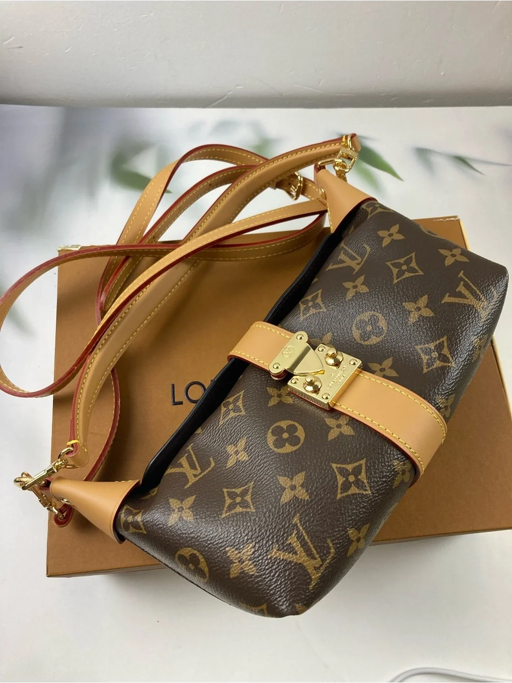 Monogram Canvas Shoulder Bag with Tan Trim and Gold Hardware